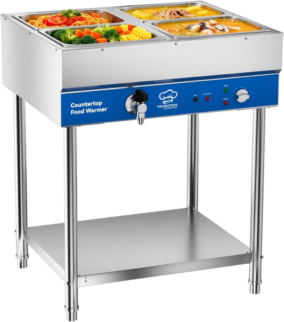 TOPKITCH ETL Listed 4-Pan Commercial Food Warmer, Electric Steam Table, 120V 1700W Stainless Steel Buffet Catering Food Warmer with Undershelf and Workspace, for Buffet,Parties and Restaurants.