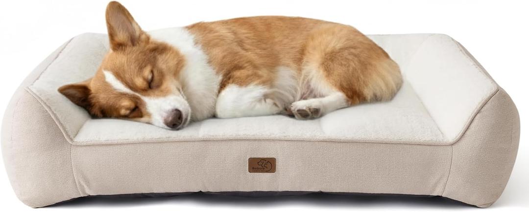 Bedsure Orthopedic Dog Bed Medium Size Dog - Extra Thick Supportive Medium Dogs Beds with Waterproof Washable Cover, Comfort Pet Bed Sofa with Soft Plush Sherpa and Nonskid Bottom, Beige, 35" (Cream)