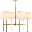 JONATHAN Y 27" Brass Gold 6-Light Iron Chandelier, Mid-Century Modern Pendant for Dining Room Kitchen Island, Transitional Fixture with Linen Shades, LED Bulbs Included JYL9918A