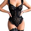 Aranmei Women Sexy Lingerie Bodysuit Floral Lace Teddy Babydoll Snap Crotch Ruffle One Piece with Thigh Bands (Black, XXL)