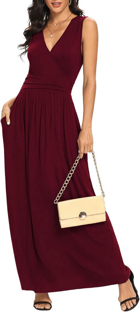 LILBETTER Women Sleeveless Deep V Neck Loose Plain Long Maxi Casual Dress (Small, 01 Wine Red)