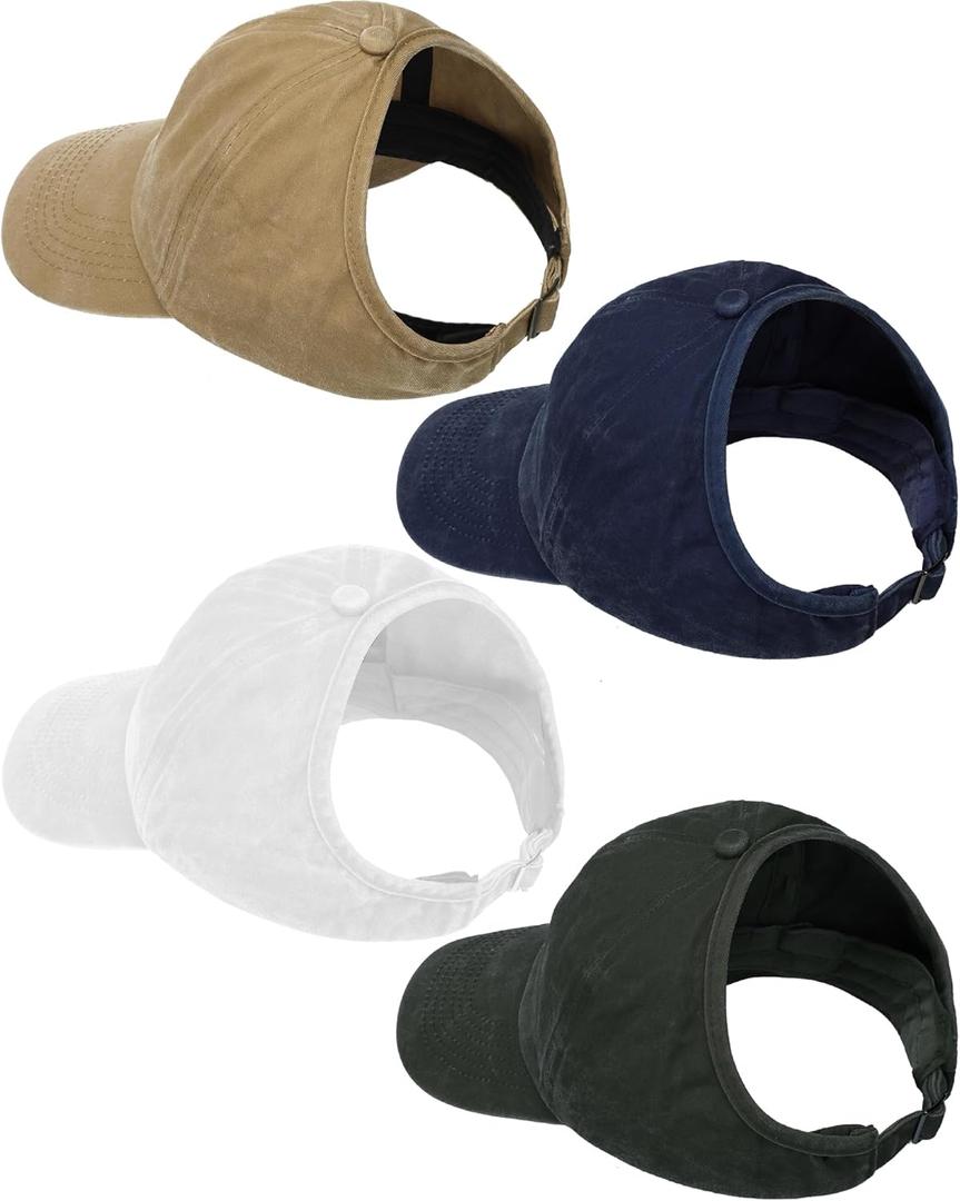 Jiuguva 4 Pack Backless Ponytail Hat for Dreadlocks Women Retro Washed Distressed Baseball Cap Adjustable (Medium, White, Army Green, Khaki, Navy Blue)