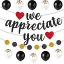 2 x We Appreciate You Banner Decoration Set, Staff Employee Recognition Banner with Black and Gold Balloons for Employee Teacher Doctor Nurse Appreciation Party Thank Decoration Supplies