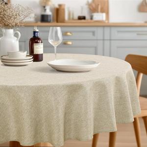 JIUZHEN Round Table Cloth Faux Linen Farmhouse Tablecloth Wrinkle and Stain Resistant Decorative Fabric Table Cover for Kitchen, Dining Room, Parties and Camping, Beige, 108 Inch Round
