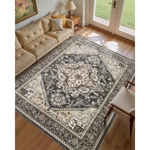 9x12 Vintage Area Rug: Washable Neutral Soft Non Slip Thin Large Floor Carpet for Living Room Bedroom Kitchen Dining Room Home Office Farmhouse Indoor - Black