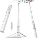 TONEOF 67" Travel Tripod,Selfie Stick,All-in-1 Phone Stand with Integrated Wireless Remote,Lightweight and Portable,Extendable for iPhone and Android(White) (67(None magnetic))