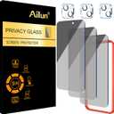 Ailun 3 Pack Privacy Screen Protector for iPhone 15 [6.1 inch] + 3 Pack Camera Lens Protector with Installation Frame, Anti Spy Private Tempered Glass Film, Case Friendly, [9H Hardness] - HD
