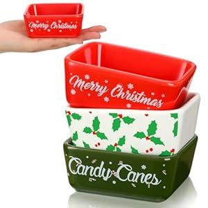 Tanlade 3 Pcs Christmas Sugar Candy Bowl Small Ceramic Bowl Merry Xmas Candy Cane Dish Snowflake Candy Snack Dish for Winter Holiday Party Farmhouse Home Table Tiered Tray Decoration Housewarming Gift