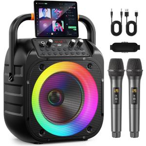 Karaoke Machine for Adults, Portable Bluetooth Karaoke Speaker with 2 Wireless Microphones, Echo Adjustment, LED Lights, PA System with 6.5" Subwoofer, Support TV/AUX/USB/TF Card (Black)
