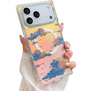 Cute Case for iPhone 17 Pro Max Case for Women Girls [Compatible with Magsafe] Aesthetic Iridescent Cloud Pattern Design, Girly Glitter Sparkly Bling Rectangle Magnetic Protective Phone Cover (2 Twilight Sky)