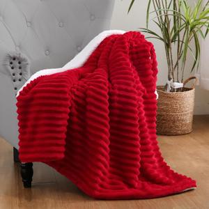 Red Sherpa Fleece Throw Blanket 5060 for Couch Sofa Bed,Double Side Soft Fuzzy Cozy Plush Thick Flannel Blanket with Striped Design Gift for Adults,Woman,Girls