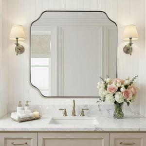 ANDY STAR 30"x30" Brushed Nickel Square Mirror, Silver Bathroom Mirror for Over Sink, Modern Scallop Mirror in Anti-Rust Stainless Steel Frame, Unique Notched Corner Design, Ideal for Home Remodel