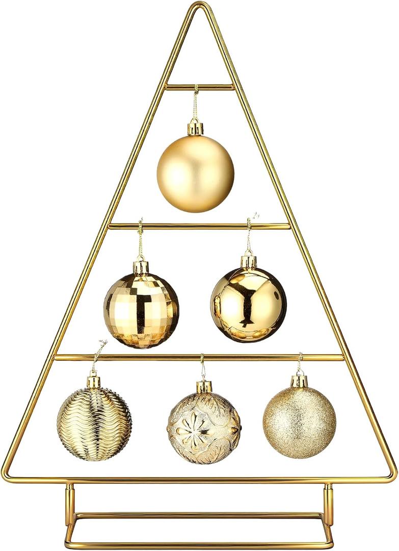 Ornament Display Stand Metal Xmas Christmas Tabletop Ornament Christmas Tree Shaped Display Stand Holder Farmhouse Xmas Tree for Balls Decorations Hanging Gift(Gold,16 Inch)