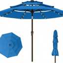 10ft 3-Tier Patio Umbrella with 32 Solar Powered LED Lights, Windproof Outdoor Market Umbrella for Deck, Poolside & Garden, Sturdy Push-Button Tilt Table Umbrella, Royal Blue