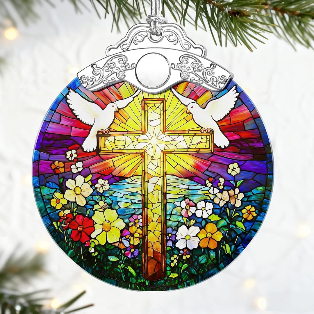 2 x Catholic Cross Gifts: Stained Glass Christian Cross Ornament | Christmas Ornaments (Christmas Tree Ornaments), Christian Faith Home Decor, Religious Gift & Xmas Gifts