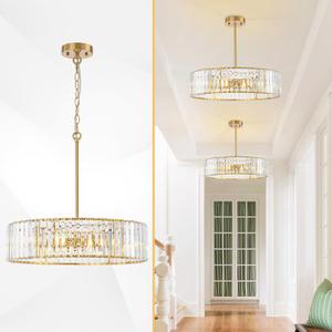 Brass Crystal Chandelier, 20" Modern Semi Flush Mount Ceiling Light Fixture for Kitchen Pendant Lights Round Chandeliers for Dining Room Living Room Bedroom Entryway Hallway, 3-Light