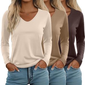 Ficerd 3 Pack Women's Long Sleeve T Shirts, V Neck Basic Tops Fall Casual Trendy Tees Loose Fit Soft Clothes Outfits (X-Large, Brown, Khaki, Apricot)