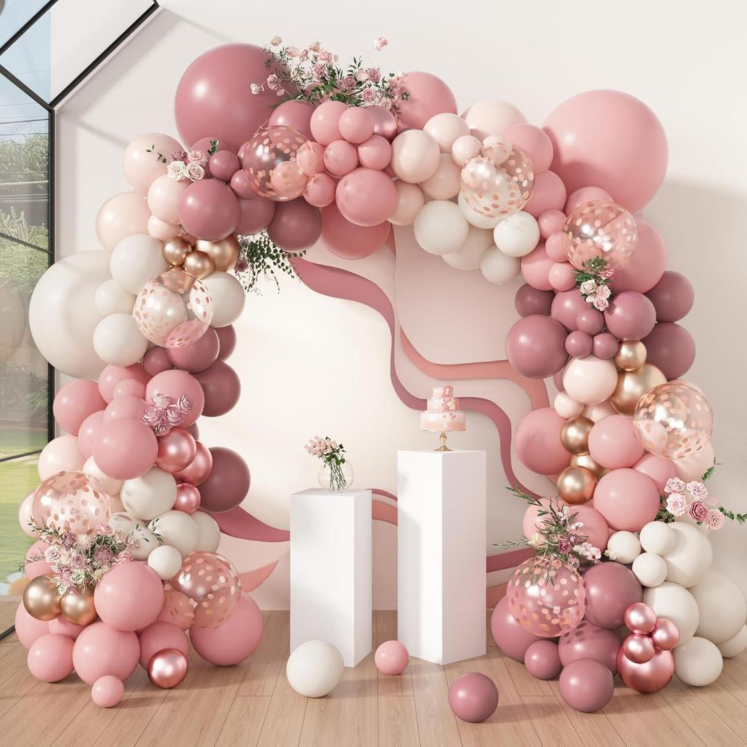 Amandir 173Pcs Dusty Rose Pink Nude Balloon Garland Arch Kit, 18In Retro Blush Peach Mauve White Sand Gold Confetti Balloons for Girl Baby Shower Wedding Boho Birthday Party Decorations