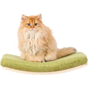 Curved Cat Shelves and Perches, Floating Cat Wall Bed with Comfortable Cushion (Wood Shelf+Green Cushion)