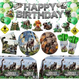 207pcs Dinosaur Party Decorations Plates Napkins Dino World Birthday Supplies Tableware Set Include Plates, Napkins, Cups, Cutlery, Balloon, Banner, Hanging Swirl, Tablecloth for Party Decor Serve 24