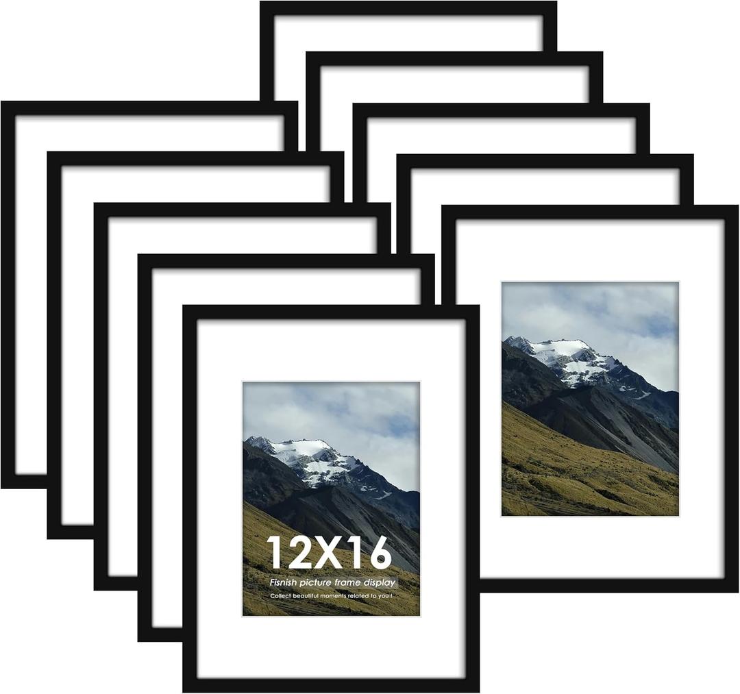 12x16 Picture Frame Set of 10, Display Pictures 8.5x11 with Mat or 12 x 16 Without Mat, Photo Frame Collage for Wall Gallery Decor, Wall Mounted, Black