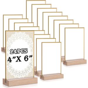 Vinsot 24 Pack 4x6 Inch Gold Acrylic Sign with Base T Shape Sign Holder Vertical Blank Stands Desktop Display Plastic Menu Frame Double Sided Stand for Wedding Restaurant Party Decor