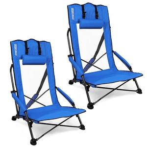 SPORT BEATS Low Beach Chairs Set of 2 Folding Beach Chairs High Back Support with Head Pillows Shoulder Straps