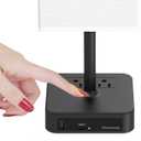 Bedside Table Lamp with Touch Control & USB C+A Charging Ports LED Desk Lamp with 2 AC Outlets, Minimalist Nightstand Light with Black Fabric Shade for Bedroom, Living Room, Office, White