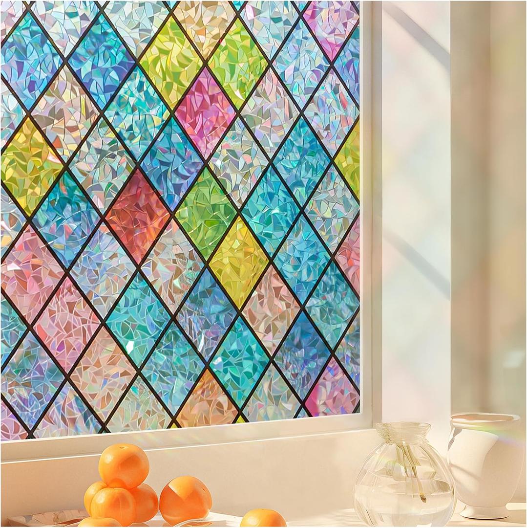 Beautysaid Window Privacy Film Stained Glass, Rainbow Window Film Decorative for Bathroom, Peel and Stick Window Cling Removable(Lattice,17.7 x 78.7 inches)