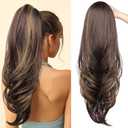 SEIKEA Versatile Drawstring Ponytail Extension, 26" Long Wavy Multi Layered Clip in Ponytail Hair Extensions Stand Up High Fake Pony Tail Soft Natural Synthetic Hairpiece Chocolate Brown/Blonde