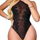 Lingerie for Women Sexy Teddy Bodysuit Sheer Mesh Halter One Piece Lingerie with Snap Crotch (Small, Black)
