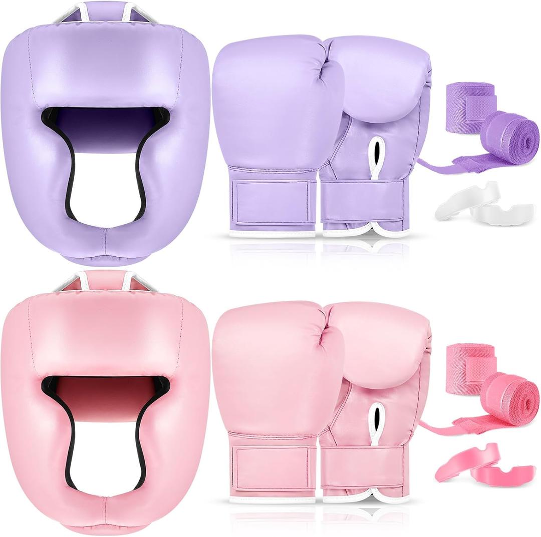 Kanayu 14 Pcs Boxing Gloves and Headgear Set for Beginners Youth 16 Ounce Boxing Gloves Headgear Helmet Hand Wraps Mouth Guards Equipment for Beginners Training Equipment Gifts (Purple, Pink)