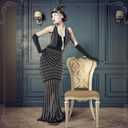 6 Pcs 1920s Elegant Rhinestone Mesh See Through Bodycon Dress with 20s Flapper Accessories Set (Black, M)