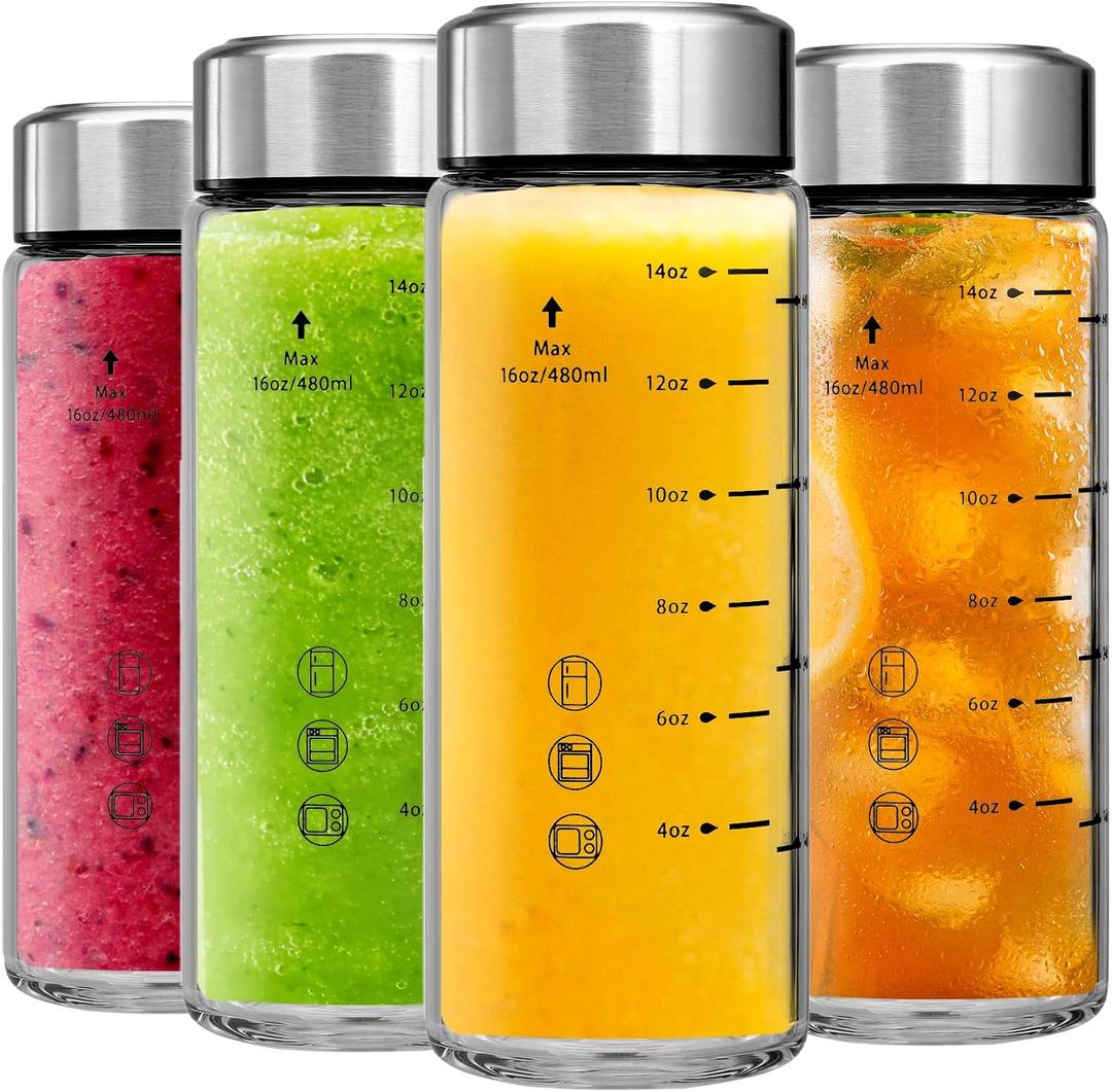 Glass Juice Bottles 4 Pack 16 oz - Wide Mouth Glass Water Bottles with Lids - Borosilicate,Stainless Steel Lids for Juicing, Smoothies, Infused Water, Beverage Storage, Leakproof, Reusable,BPA Free