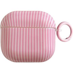 Pink and White Striped case for AirPods 4th | Chic Kawaii Cute Aesthetic Vertical Stripes with Keychain Design | Classic Retro Girly Slim Shockproof Protection Cover | Girly Gift for Women