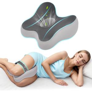 Knee Pillow for Side Sleepers Memory Foam Sciatica Pain Relief Leg Pillow, Removable Breathable Cover & Elastic Strap Grey, 12*9*3.6''