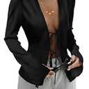 Womens Tie Front Satin Silk Blouse Sexy Deep V Neck Long Sleeve Open Front Club Tops Y2k Going Out Shirts Black, XXL