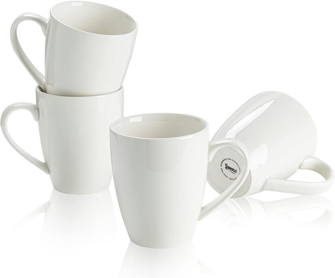 Sweese Porcelain Coffee Mugs - 16 Ounce (Top to the Rim) for Coffee, Latte, Tea, Cocoa, Set of 4, White