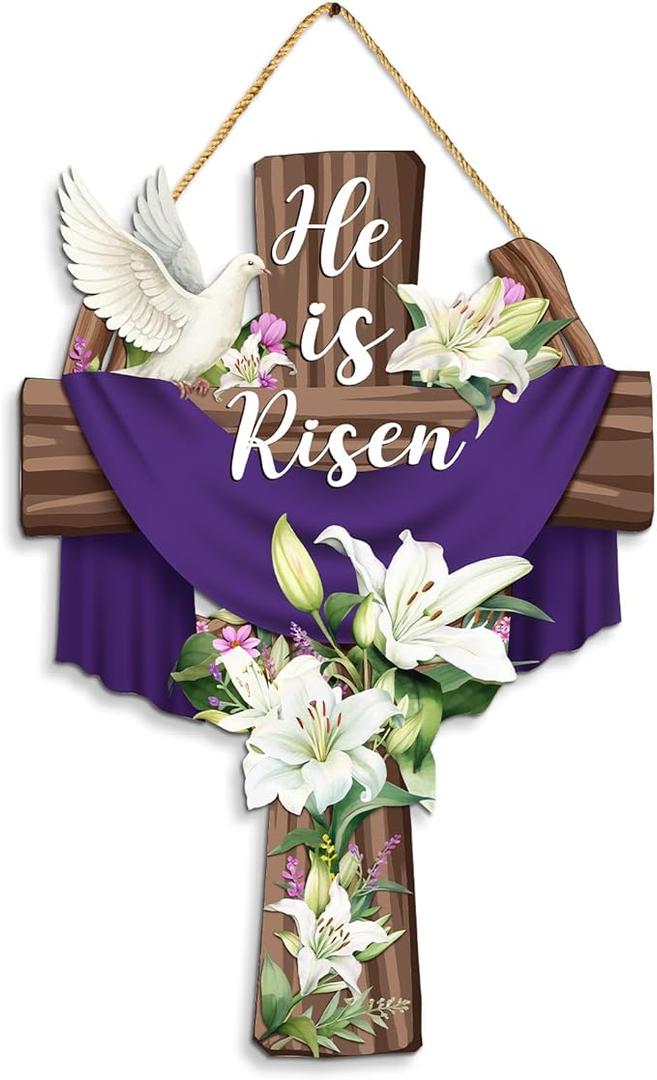 Easter Door Sign He Is Risen Hanging Decor, Religious Gifts For Women, Men, Religious Cross Sign Easter Wreaths for Front Door, Christian Flowers Lent Hanging Hanger for Farmhouse Front Porch Pack of 3