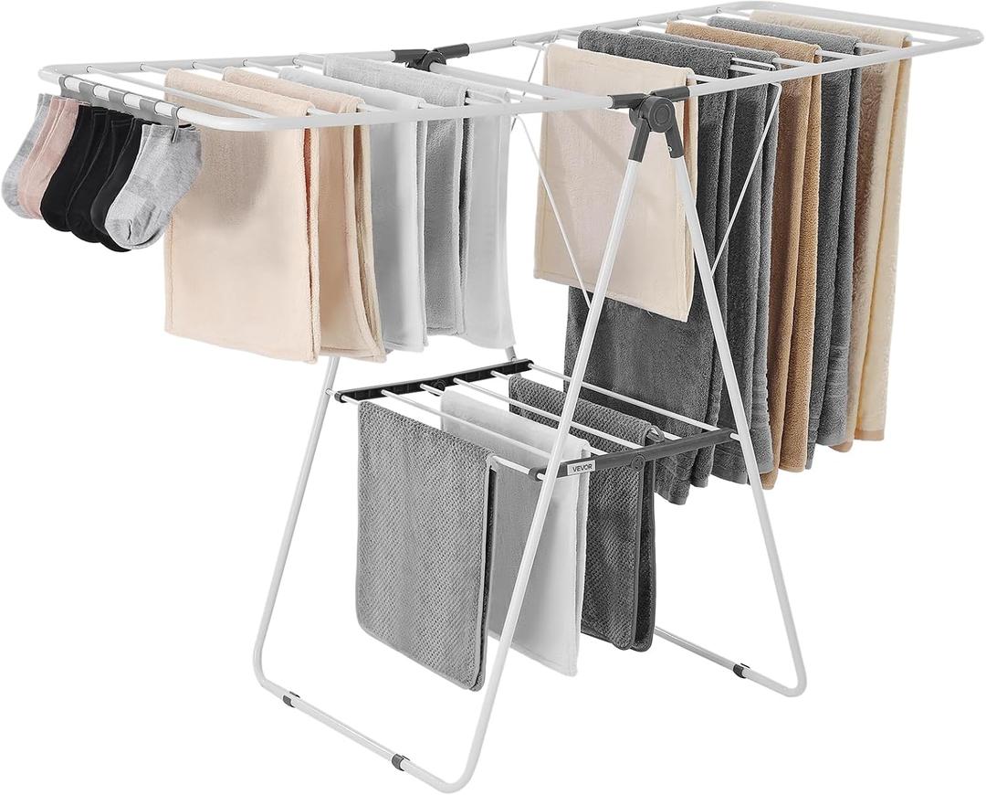 VEVOR Clothes Drying Rack, 2-Tier Foldable Laundry Dryer Rack with Sock Clips & 21 Drying Rods, Metal Height Adjustable Drying Racks for Outdoor & Indoor, Free-Standing & Space-Saving Hanger, White, 54.5"D x 23.6"W x 39.4"H