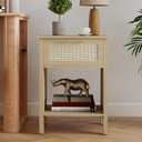 Rattan Nightstand, Farmhouse Side Table with Drawer and Storage Shelf, Boho Bedside Night Stand with Golden Handle, Wooden End Table for Bedroom, Dorm and Small Spaces, Natural 15"D x 19.7"W x 25.2"H