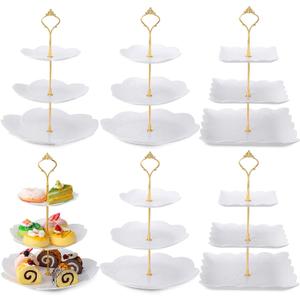 Sawysine 6 Pack 3 Tiered Serving Tray, Serving Tower 3 Tier Cupcake Stand Dessert Stand Bulk, White Thick Plastic Cupcake Tray Cookie Display for Tea Party Baby Shower Wedding Birthday Home(Gold)