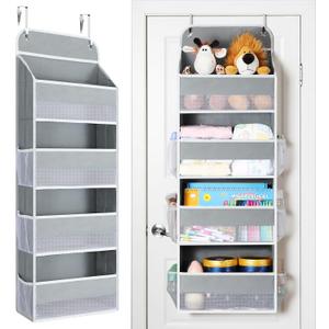 Yecaye Over The Door Organizer, Heavy Duty Hanging Organizers and Storage with 4 Large Capacity Pockets, Swing-Proof Behind The Door Storage for Bathroom Nursery Bedroom Dorm Closet, Grey,1Pc
