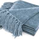 EVERGRACE Soft Chenille Throw Blanket for Couch, Cozy Plush Fuzzy Decorative Chenille Knit Throw Blanket with Tassels, Lightweight Blanket and Throws for Bed Sofa Gift Home Decor, Cloud Blue 50"x60"