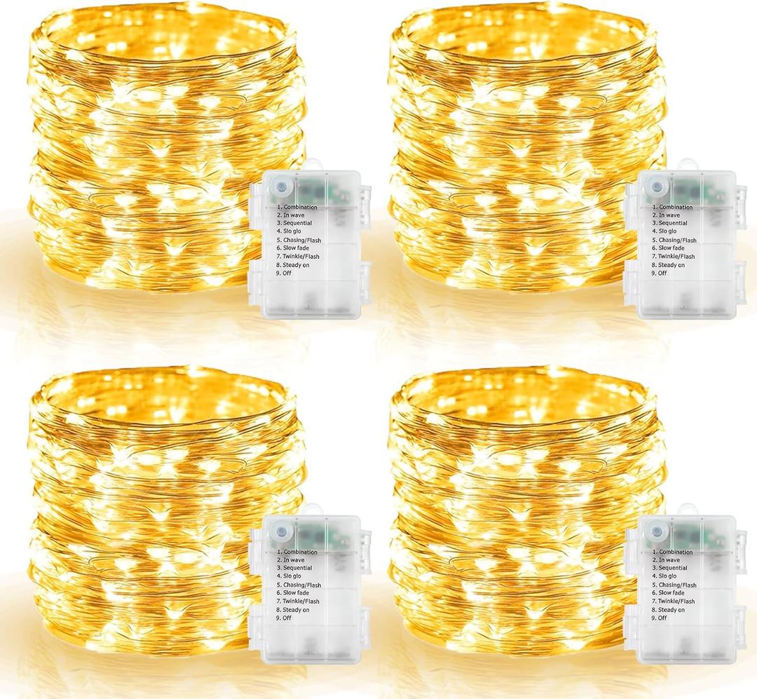 4 Pack Battery Operated Fairy Lights 16.4 Ft 50 LED Christmas Fairy Lights with Auto Timer 8 Modes, Waterproof Silver Wire Battery Twinkle Lights for Wedding Christmas Decor (Warm White)