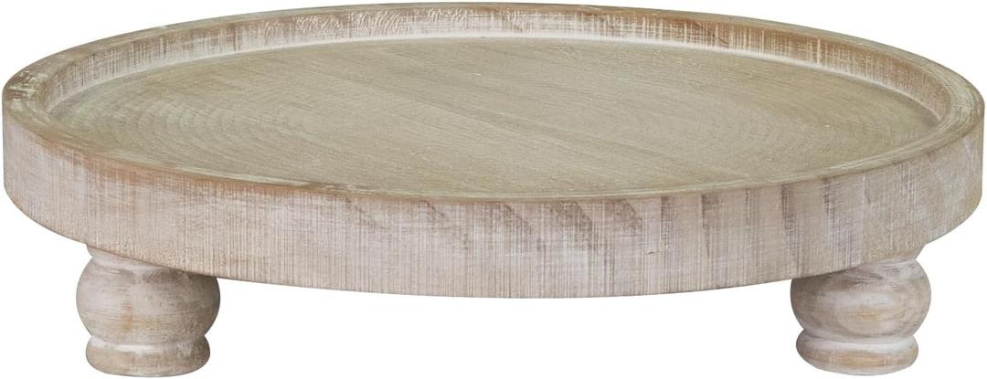 MAONAME Decorative Round Wood Riser for Display, Farmhouse Pedestal Stand for Kitchen Counter, Wash White Wooden Risers Tray for Home Decor, Pedestal Tray for Living Room Decor