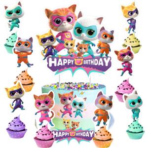 25pcs Super Cats Cake Decorations with 24pcs Cupcake Toppers, 1pcs Cake Topper for cats Birthday Party Supplies