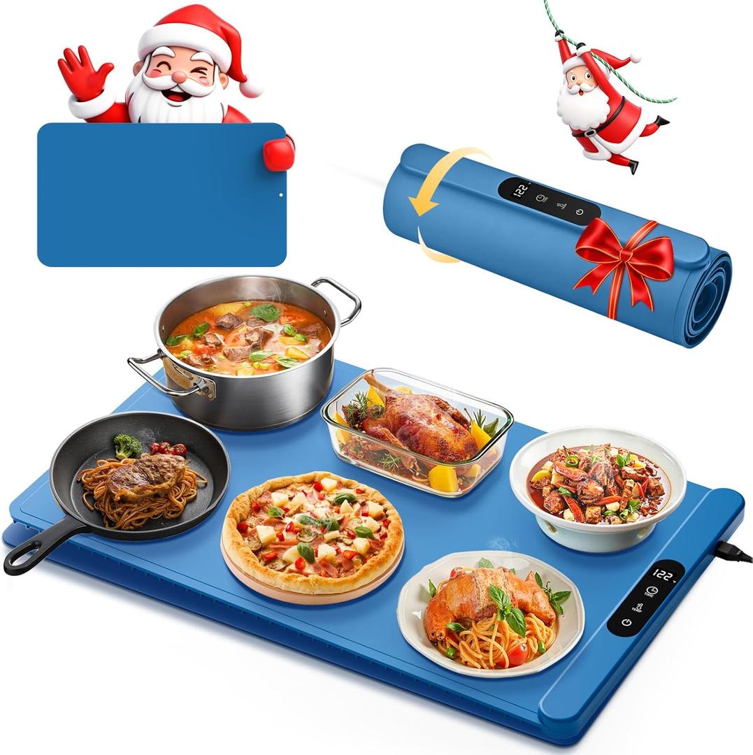 Food Warming Mat with Protective Table Mat, Graphene Fast Full-Surface Heating Mat, Electric Warming Tray with 6 Temperature and 6HoursTimer, Portable Rollable Food Warmer Perfect For Parties Buffet (Blue)
