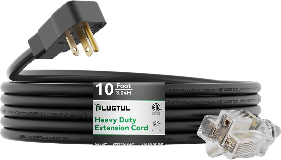 PLUGTUL 20AMP Extension Cord 10FT, NEMA 5-20 Heavy Duty Extension Cord, Lighted End, 12Gauge, SJTW, 20AMP 125V 2500W, Black