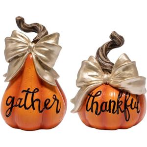 Hodao Thanksgiving Orange Pumpkin Decorations  Hand-Painted Resin Figurine Set with Gold Bow, Fall Harvest Autumn Tabletop Ornaments, Gift for Mantel, Dining Table, Tiered Tray, Seasonal Home Dcor